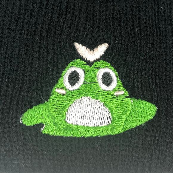 Unisex Black Ribbed Knit Cuffed Beanie Embroidered Green Frog Embroidery - Picture 5 of 6